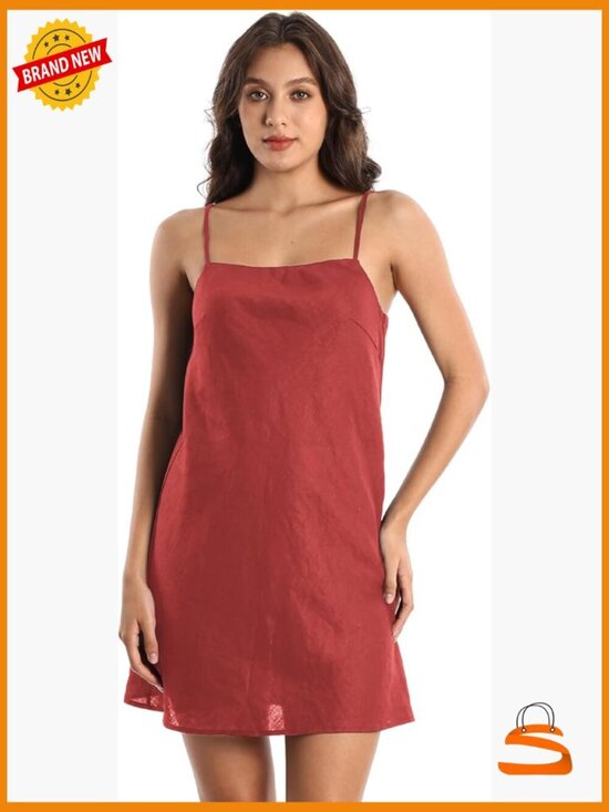 Dresses & Skirts - Pure Linen Summer Sleeveless Spaghetti Strap Mini Dress with Lining